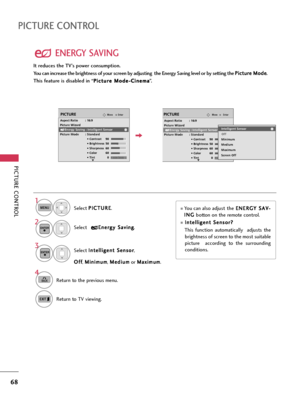 Page 68PICTURE CONTROL
68
PICTURE CONTROL
ENERGY SAVING
Select P PI
IC
CT
TU
UR
RE
E
.
Select I In
nt
te
el
ll
li
ig
ge
en
nt
t 
 S
Se
en
ns
so
or
r
,
O Of
ff
f
, M Mi
in
ni
im
mu
um
m
, M Me
ed
di
iu
um
m
or M Ma
ax
xi
im
mu
um
m
.
1
MENU
3
ENTER
Select E En
ne
er
rg
gy
y 
 S
Sa
av
vi
in
ng
g
.2ENTER
4
BACKReturn to the previous menu.
Return to TV viewing.
EnterMovePICTURE
RG
Aspect Ratio        : 16:9
Picture Wizard
Energy Saving : Intelligent Sensor
Picture Mode       : Standard
• Contrast 90
• Brightness...