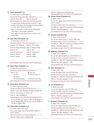 Page 117APPENDIX
117
0 01
1.
.P
Po
ow
we
er
r 
 (
(C
Co
om
mm
ma
an
nd
d:
: 
 k
k 
 a
a)
)
To control Power On/Off of the TV.
Transmission [k][a][  ][Set ID][  ][Data][Cr]
Data 00: Power Off Data 01: Power On
Acknowledgement [a][  ][Set ID][  ][OK/NG][Data][x]
* In a like manner, if other functions transmit ‘FF’ data
based on this format, Acknowledgement data feedback
presents status about each function.
* Note: In this model, TV will send the Acknowledge
after power on processing completion.
There might be a...