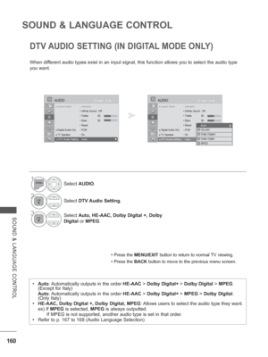 Page 224160
SOUND & LANGUAGE CONTROL
SOUND & LANGUAGE CONTROL
DTV AUDIO SETTING (IN DIGITAL MODE ONLY)
When different audio types exist in an input signal, this function allows you to\
 select the audio type 
you want. 
• Press the MENU/EXIT button to return to normal TV viewing.
• Press the BACK button to move to the previous menu screen.
•  Auto: Automatically outputs in the order  HE-AAC > Dolby Digital+  > Dolby Digital > MPEG. 
(Except for Italy)
    Auto: 
Automatically outputs in the order  HE-AAC > Dolby...