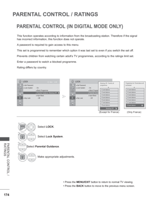 Page 238174
PARENTAL CONTROL / RATINGS
PARENTAL CONTROL / 
RATINGS
PARENTAL CONTROL (IN DIGITAL MODE ONLY)
• Press the MENU/EXIT button to return to normal TV viewing.
• Press the BACK button to move to the previous menu screen.
This function operates according to information from the broadcasting st\
ation. Therefore if the signal 
has incorrect information, this function does not operate.
A password is required to gain access to this menu.
This set is programmed to remember which option it was last set to even...