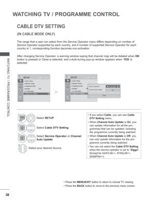 Page 10238
WATCHING TV / PROGRAMME CONTROL
WATCHING TV / PROGRAMME CONTROL
CABLE DTV SETTING
(IN CABLE MODE ONLY)
The range that a user can select from the Service Operator menu differs depending on number of 
Service Operator supported by each country, and if number of supported Service Operator for each 
country is 1, corresponding function becomes non-activation. 
After changing Service Operator, a warning window saying that channel map will be deleted when OK 
button is pressed or Close is selected, and a...