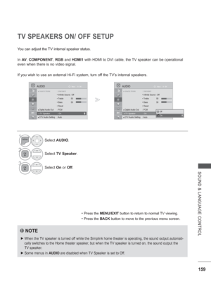 Page 223159
SOUND & LANGUAGE CONTROL
TV SPEAKERS ON/ OFF SETUP
You can adjust the TV internal speaker status.
In AV , COMPONENT,  RGB and HDMI1 with HDMI to DVI cable, the 
 TV speaker can be operational 
even when there is no video signal.
If you wish to use an external Hi-Fi system, turn off the TV’s internal speakers.
• Press the MENU/EXIT button to return to normal TV viewing.
• Press the BACK  button to move to the previous menu screen.
NOTE
 
► When the TV speaker is turned off while the Simplink home...