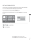 Page 14177
TO USE A BLUETOOTH
SETTING THE BLUETOOTH
If you want to listen to the broadcasted sound using the Bluetooth heads\
et or receive the jpeg images 
from an external device and view them on the TV, listen to music from cell phone(Bluetooth device), 
you can use the wireless communication without having to connect any cab\
les. 
You can use the BLUETOOTH menu by selecting “Bluetooth on”.
If you do not want to use the Bluetooth function, select “ Bluetooth off”.
If it is connected to the external Bluetooth...