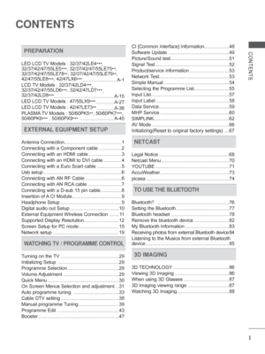 Page 3I
CONTENTS
CONTENTS
 
PREPARATION
LED LCD TV Models : 32/37/42LE4***, 
32/37/42/47/55LE5 ***, 
32/37/42/47/55LE75
**, 
32/37/42/47/55LE78 **, 32/37/42/47/55LE79
**, 
42/47/55LE8 ***, 42/47LX6
*** ..........................
 A-1
LCD TV Models : 32/37/42LD4 ***, 
32/37/42/47/55LD6 ***, 32/42/47LD7
***, 
32/37/42LD8 ***..............................................
 A-15
LED LCD TV Models : 47/55LX9 *** ..............
 A-27
LED LCD TV Models : 42/47LE73 ** .............
A-36
PLASMA TV Models : 50/60PK5 **,...