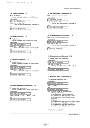 Page 37Owner’s Manual   37
External Control Device Setup
20. Green Adjustment (Command 2 : w)
GTo adjust green in color temperature.
T
ransmission
Data Min : 0 ~ Max : 50
* Refer to ‘Real data mapping 2’. See page 36.
[k][w][  ][Set ID][  ][Data][Cr]
Ack
[w][  ][Set ID][  ][OK][Data][x]
21. Blue Adjustment (Command 2 : $)
GTo adjust blue in color temperature.
T
ransmission
Data Min : 0 ~ Max : 50
* Refer to ‘Real data mapping 2’. See page 36.
[k][$][  ][Set ID][  ][Data][Cr]
Ack
[$][  ][Set ID][...