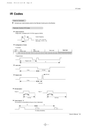 Page 39Owner’s Manual   39
IR Codes
G Output waveform
Single pulse, modulated with 37.917KHz signal at 455KHz
G Configuration of frame
G Repeat code G Lead code
• 1st frame
Low 
custom code Lead
codeHigh 
custom codeData codeData code T
C
Tf
T1
C0Carrier frequency
F
CAR= 1/TC= fOSC/12
Duty ratio = T1/TC= 1/3
• Repeat frame
C1C2C3C4C5C6C7C0C1C2C3C4C5C6C7D0D1D2D3D4D5D6D7D0D1D2D3D4D5D6D7
Repeat code
9 ms4.5 ms
0.55 ms
9 ms
2.25 ms
G Bit description
G Frame interval : Tf
The waveform is transmitted as long as a key...