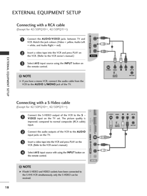 Page 2018
EXTERNAL EQUIPMENT SETUP
EXTERNAL EQUIPMENT SETUP
G
GIf both S-VIDEO and VIDEO sockets have been connected to
the S-VHS VCR simultaneously, only the S-VIDEO can be
received.
NOTE!
AV IN 3
L/MONO
R
AUDIO
AUDIO
VIDEO
VIDEO
S-VIDEO HDMI IN 3
LRS-VIDEOVIDEO
OUTPUT
SWITCH ANT IN
ANT OUT
AV IN 3
L / MONO
R
AUDIO
VIDEO
S-VIDEO HDMI IN 3
Connecting with a S-Video cable
(Except for 42/50PQ10 **, 42/50PQ11
**)
Connect the S-VIDEO output of the VCR to the 
S
S
 
 -
-
V
V I
ID
D E
EO
O
input on the TV set. The...