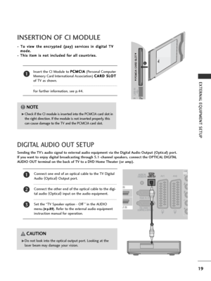 Page 2119
GDo not look into the optical output port. Looking at the
laser beam may damage your vision.
CAUTION
IN
VI IN
Connect one end of an optical cable to the TV Digital
Audio (
Optical )
Output port.
Connect the other end of the optical cable to the digi-
tal audio  (
Optical )
input on the audio equipment.
Set the “TV Speaker option - Off ” in the AUDIO
menu.(
Gp p .
.8
8 9
9). Refer to the external audio equipment
instruction manual for operation.
2
3
1
1
2
DIGITAL AUDIO OUT SETUP
Sending the TV’s audio...