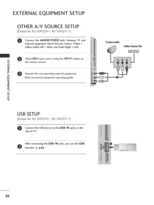 Page 2220
EXTERNAL EQUIPMENT SETUP
EXTERNAL EQUIPMENT SETUP
AV IN 3
L / MONO
R
AUDIO
VIDEO
O
S-VIDEO HDMI IN 3
1
LRVIDEO
AV IN 3
L/MONO
R
AUDIO
AUDIO
VIDEO
VIDEO
S-VIDEO HDMI IN 3
Connect the  A
A
U
U D
D I
IO
O
/V
V
I
ID
D E
EO
O
jacks between TV and
external equipment. Match the jack colours
.  (
Video = 
yellow, Audio Left = white, and Audio Right = red )
Select AV 3
input source using the  I
I
N
N P
PU
U T
T
button on
the remote control.
Operate the corresponding external equipment. 
Refer to external...