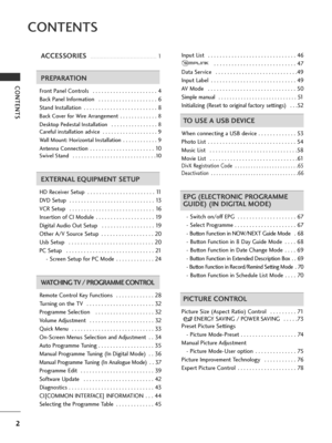 Page 4CONTENTS
2
CONTENTS
ACCESSO\bIES . . . . . . . . . . . . . . \a. . . . . . . . . . . . . . . \a. . . . . . . . . . .1
P\bEPA\bATION
Front Pan\fl Controls  . . . . . . . . . . . . . . . . . . . . . . 4
Back Pan\fl Information  . . . . . . . . . . . . . . . . . . . . 6
Stand Installation  . . . . . . . . . . . . . . . . . . . . . . . . . 8
Back Cov\fr for Wir\f Arrang\fm\fnt  . . . . . . . . . . . . . 8
D\fsktop P\fd\fstal Installation  . . . . . . . . . . . . . . . . 8
Car\fful installation advic\f  . . ....