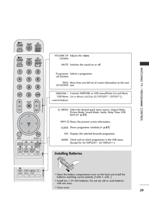 Page 3129
WATCHING TV / PROGRAMME CONTROL
AV MODEENERGY  SAVING
RETURN  /  EXITMENU
Q.MENU INFO GUIDE MARKi
MUTE
POWER
LISTQ.VIEW
FAV
VOLUME UP
/DOWN
MUTE
Programme UP/DOWN
PA G E
UP/DOWN Adjusts the vol
ume.
Switches the sound on or off.
Selects a programme.
Move from one full set of screen information to the next
one.
Q. MENU
INFO  iGUIDE   FAV
MARK Select the desired quick menu source. (Aspect Ratio,
Picture Mode, Sound Mode, Audio, Sleep Timer, USB
Eject.)(
G G
 
 p
p.
.3
3 3
3)
Shows the present screen...