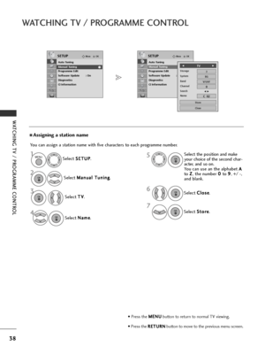 Page 4038
WATCHING TV / PROGRAMME CONTROL
WATCHING TV / PROGRAMME CONTROL
You can assign a station name with five characters to each programme number.
AAssigning a station name
Select S
S
E
ET
T U
U P
P
.
Select  M
M
a
an
n u
ua
al
l 
  T
T u
un
n i
in
n g
g
.
Select  T
T
V
V
.
Select  N
N
a
am
m e
e
.
6
7Select  C
C
l
lo
o s
se
e
.
1MENU
3 2
OK 
OK 
4
5Select the position and make
your choice of the second char-
acter, and so on.
You can use an the alphabet  A A
to  Z
Z
, the number  0
0
to  9
9
, +/ -,
and...