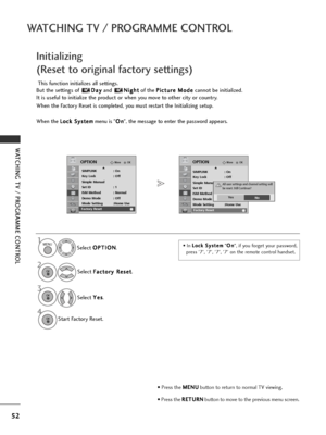 Page 5452
WATCHING TV / PROGRAMME CONTROL
WATCHING TV / PROGRAMME CONTROL
Initializing 
(Reset to original factory settings)
This function initializes all settings. 
But the settings of  D D
a
ay
y
and  N
N
i
ig
g h
h t
t
of the  P
P
i
ic
c t
tu
u r
re
e  
 M
M o
od
de
e
cannot be initialized.
It is useful to initialize the product or when you move to other city or country.
When the Factory Reset is completed, you must restart the Initializing setup. 
When the  L L
o
o c
ck
k 
 S
S y
ys
st
te
e m
m
menu is...