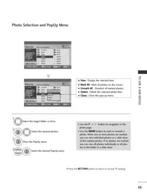 Page 5755
TO USE A USB DEVICE
Photo Selection and PopUp Menu
USB DevicePage 2/3No MarkedPhoto List
Up Folder
Free Space 150MB
NavigationOption Page Change MarkExit
1366x768, 125KB KR101
KR102
JMJ001
JMJ002
JMJ003
JMJ004 KR103
KR104
KR105
JMJ005
JMJ006
JMJ007
JMJ008
Up Folder
USB DevicePage 2/3No MarkedPhoto List
Up Folder
Free Space 150MB
1366x768, 125KB
KR101
KR102
JMJ001
JMJ002
JMJ003
JMJ004 KR103
KR104
KR105
JMJ005
JMJ006
JMJ007
JMJ008
Up Folder
1366x768, 125KBView 
Mark All
Delete
Close
G GV
V
i
ie
e w
w...