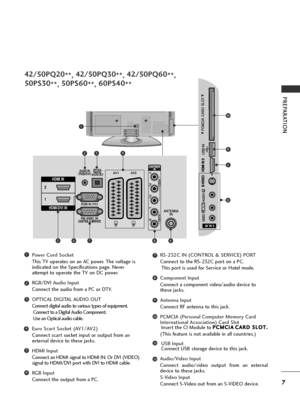 Page 97
PREPARATION
Power Cord Socket
This TV operates on an AC power. The voltage is
indicated on the Specifications page. Never
attempt to operate the TV on DC power.
RGB/DVI Audio Input
Connect the audio from a PC or DTV.
OPTICAL DIGITAL AUDIO OUT
Connect digital audio to various types of equipment.  Connect to a Digital Audio Component.
Use an Optical audio cable.
Euro Scart Socket (AV1/AV2) 
Connect scart socket input or output from an
external device to these jacks.
HDMI Input
Connect an HDMI signal to...