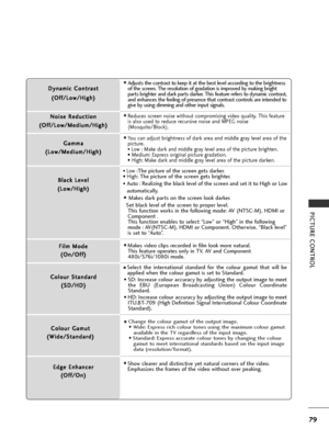 Page 8179
PICTURE CONTROL
D
Dy
yn
n a
am
m i
ic
c  
 C
C o
on
nt
tr
ra
a s
st
t
(
( O
O f
ff
f/
/ L
Lo
o w
w /
/H
H i
ig
g h
h )
)
■Adjusts the contrast to keep it at the best level according to the brightness
of the screen. The resolution of gradation is improved by making bright
parts brighter and dark parts darker. This feature refers to dynamic contrast,
and enhances the feeling of presence that contrast controls are intended to
give by using dimming and other input signals.
N N o
oi
is
s e
e  
 R
R e
ed
d...