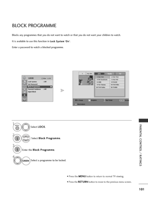 Page 103101
PARENTAL CONTROL / RATINGS
YLE TV11
Pr. ChangePage ChangeP
DTVRadioTV
1 YLE TV12 YLE TV2
4 TV4 Stockholm5 YLE FST
6 CNN8 YLE24
9 YLE Teema14 TV4 Film
24 TV4 Fakta50 TV400
NavigationPrevious
RETURN
Block/Unblock
BLOCK PROGRAMME
Blocks any programmes that you do not want to watch or that you do not want your children to watch.
It is available to use this function in 
L L o
o c
ck
k 
 S
S y
ys
st
te
e m
m
”O
O
n
n
”.
Enter a password to watch a blocked programme.
Select L
L
O
O C
CK
K
.
Select  B
B
l...