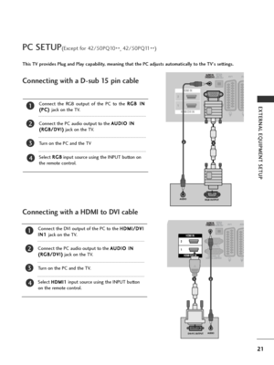 Page 2321
EXTERNAL EQUIPMENT SETUP
PC SETUP(Except for 42/50PQ10**, 42/50PQ11
**)
This TV provides Plug and Play capability, meaning that the PC adjusts automatically to the TV's settings. 
Connecting with a D-sub 15 pin cable
HDMI IN
HDMI/DVI IN
2
1
AUDIORGB OUTPUT
12
4
Connect the RGB output of the PC to the 
R
R
G
G B
B 
 I
IN
N
(
( P
P C
C )
) 
 
jack on the TV.
Connect the PC audio output to the  A
A
U
U D
D I
IO
O  
 I
IN
N
(
( R
R G
G B
B/
/D
D V
VI
I)
)
jack on the TV.
Turn on the PC and the TV...