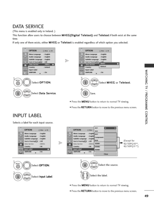 Page 5149
WATCHING TV / PROGRAMME CONTROL
DATA SERVICE
(This menu is enabled only in Ireland. )
This function allow users to choose between M M
H
HE
EG
G (
(D
D i
ig
g i
it
t a
a l
l 
  T
T e
el
le
e t
te
e x
xt
t)
)
and  T
T
e
el
le
e t
te
e x
xt
t
if both exist at the same
time.
If only one of them exists, either  M M
H
HE
EG
G
or  T
T
e
el
le
e t
te
e x
xt
t
is enabled regardless of which option you selected.
Select  O
O
P
PT
T I
IO
O N
N
.
Select  I
I
n
n p
p u
ut
t 
 L
L a
a b
b e
el
l
. Select the...