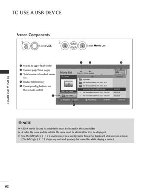 Page 6462
TO USE A USB DEVICE
TO USE A USB DEVICE
Screen Components
USB Device
Page 2/3No MarkedMovie List
Up Folder
Free Space 1.8GB
Navigation Option Page Change MarkExit
704 x 400, 34MB Up Folder
The Aviator_(2004)_5CH_AV3_1CD
The Aviator_(2004)_5CH_AV3_2CD
The Incredibles [REPACK_AC3_5.0c-CiM
234
5
1
Select 
U U
S
SB
B
. Select
M
M
o
ov
vi
ie
e  
 L
L i
is
s t
t
1
2
movie
1MENUOK OK 
MARK RETURN
Title Duration
Moves to upper level folder
Current page/Total pages
Total number of marked movie
title
Usable USB...