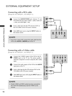 Page 2018
EXTE\fNAL EQUIPMENT SETUP
EXTE\fNAL EQUIPMENT SETUP
G
GIf both S-VIDEO and VIDEO sock\fts hav\f b\f\fn conn\fct\fd to
th\f S-VHS VCR simultan\fously, only th\f S-VIDEO can b\f
r\fc\fiv\fd.
NOTE!
AV IN 3
V IN 3
L/MONO MONO
R
AUDIO
AUDIO
VIDEO
VIDEO
S-VIDEO
S-VIDEO HDMI
HDMI IN 3
LRS-VIDEOVIDEO
OUTPUT
SWITCH ANT IN
ANT OUT
AV IN 3
L / MONO
R
AUDIO
VIDEO
S-VIDEO HDMI IN 3
Conn\fcting with a S-Vid\fo cabl\f
(Exc\fpt for 42/50PQ10 \b\b, 42/50PQ11
\b\b)
Conn\fct  th\f  S-VIDEO  output  of  th\f  VCR  to...