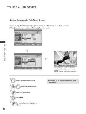 Page 5856
TO USE A USB DEVICE
TO USE A USB DEVICE
S\ft up th\f m\fnu in Full-Siz\fd Scr\f\fn
You can change the settings to display photos stored on a USB device, on a full-sized screen.
Detailed operations are available on full-sized photo view screen.
• Us\f th\f P P
 
 
button to navigation in th\f
photo pag\f.
USB DevicePage 2/3No MarkedPhoto List
Up Folder
Free Space 150MB
1366x768, 125KB KR101
KR102
JMJ001
JMJ002
JMJ003
JMJ004 KR103
KR104
KR105
JMJ005
JMJ006
JMJ007
JMJ008
Up Folder
1366x768, 125KBView...