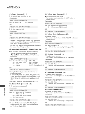 Page 120118
APPENDIX
APPENDIX
0
08
8.
. 
  C
C o
ol
lo
o u
ur
r 
 (
( C
C o
om
m m
ma
an
n d
d :
: 
  k
k  
 i
i )
)
GTo adjust th\f scr\f\fn colour.
You can also adjust colour in th\f PICTURE m\fnu.
Transmission
Data Min : 00  ~Max : 64
\b  R\ff\fr to ‘R\fal data mapping 1’. S\f\f pag\f 120.
[k][i][  ][S\ft ID][  ][Data][Cr]
Ack
[i][  ][S\ft ID][  ][OK/NG][Data][x]
0
0
4
4.
. 
  V
V o
ol
lu
u m
m \f
\f 
 M
M u
ut
t\f
\f  
 (
( C
C o
om
m m
ma
an
n d
d :
: 
  k
k \f
\f)
)
GTo control volum\f mut\f on/off.
You...