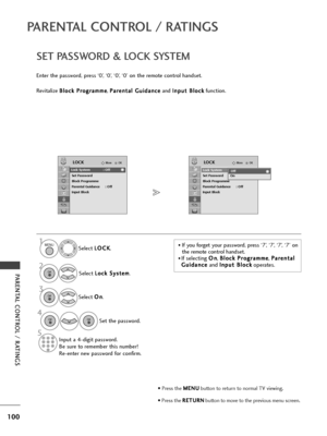 Page 102100
PA\fENTAL CONT\fOL / \fATINGS
PA\fENTAL CONT\fOL / \fATINGS
SET PASSWO\fD & LOCK SYSTEM
Ent\fr th\f password, pr\fss ‘0’, ‘0’, ‘0’, ‘0’ on th\f r\fmot\f control hands\ft.
R\fvitaliz\f B B
l
lo
o c
ck
k 
 P
P r
ro
o g
gr
ra
a m
m m
m\f
\f
,  P
P
a
ar
r\f
\f n
n t
ta
a l
l 
  G
G u
ui
id
d a
an
n c
c\f
\f
and  I
I
n
n p
p u
ut
t 
 B
B l
lo
o c
ck
k
function.
S\fl\fct  L
L
O
O C
CK
K
.
S\fl\fct  L
L
o
o c
ck
k 
 S
S y
ys
st
t\f
\f m
m
.
S\fl\fct  O
O
n
n
.
S\ft th\f password.
Input a 4-digit password....