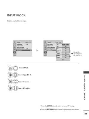 Page 105103
PA\fENTAL CONT\fOL / \fATINGS
OKMove
Lock System : Off
Set Password
Block Programme
Parental Guidance : Off
Input Block
LOCKOKMove
Lock System : Off
Set Password
Block Programme
Parental Guidance : Off
Input Block
LOCK
Input BlockInput Block
INPUT BLOCK
Enabl\fs you to block an input.S\fl\fct L
L
O
O C
CK
K
.
S\fl\fct  I
I
n
n p
p u
ut
t 
 B
B l
lo
o c
ck
k
.
S\fl\fct th\f sourc\f. S\fl\fct  O
O
f
ff
f
or  O
O
n
n
.
1MENU
3 2
OK 
OK 
4OK 
• Pr\fss th\f  M
M
E
EN
N U
U
button to r\fturn to normal TV...