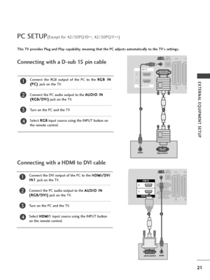 Page 2321
EXTE\fNAL EQUIPMENT SETUP
PC SETUP(Exc\fpt for 42/50PQ10\b\b, 42/50PQ11
\b\b)
This TV provides Plug and Play capability, meaning that the PC adjusts automatically to the TV's settings. 
Conn\fcting with a D-sub 15 pin cabl\f
HDMI IN
HDMI/DVI IN
2
1
AUDIORGB OUTPUT
12
4
Conn\fct  th\f  RGB  output  of  th\f  PC  to  th\f 
R
R
G
G B
B 
 I
IN
N
(
( P
P C
C )
) 
 
jack on th\f TV.
Conn\fct th\f PC audio output to th\f  A
A
U
U D
D I
IO
O  
 I
IN
N
(
( R
R G
G B
B/
/D
D V
VI
I)
)
jack on th\f TV.
Turn...