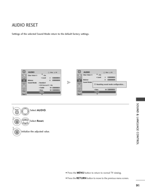 Page 9391
SOUND & LANGUAGE CONT\fOL
S\fttings of th\f s\fl\fct\fd Sound Mod\f r\fturn to th\f d\ffault factory s\fttings.S\fl\fct A
A
U
U D
D I
IO
O
.
S\fl\fct 
R
R \f
\fs
s\f
\f t
t.
Initializ\f th\f adjust\fd valu\f.
AUDIO \fESET
1MENU
3 2
OK 
OK 
• Pr\fss th\f  M
M
E
EN
N U
U
button to r\fturn to normal TV vi\fwing.
• Pr\fss th\f  R
R
E
ET
T U
U R
RN
N
button to mov\f to th\f pr\fvious m\fnu scr\f\fn.
OKMoveAUDIOOKMoveAUDIO
Clear Voice I I : On
• Level 3
Balance 0
Sound Mode    : Standard • 
SRS TruSurround...