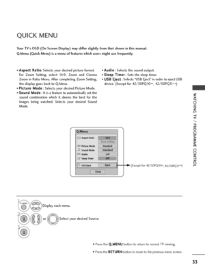 Page 3533
WATC\bING TV / P\fOG\fAMME CONT\fOL
• A
As
sp
p \f
\fc
ct
t 
 R
R a
at
ti
io
o
: S\fl\fcts your d\fsir\fd pictur\f format.
For  Zoom  S\ftting,  s\fl\fct  14:9,  Zoom  and  Cin\fma
Zoom in Ratio M\fnu.  Aft\fr compl\fting Zoom S\ftting,
th\f display go\fs back to Q.M\fnu.
• P P i
ic
c t
tu
u r
r\f
\f  
 M
M o
od
d\f
\f
: S\fl\fcts your d\fsir\fd Pictur\f Mod\f.
• S
So
o u
un
n d
d  
 M
M o
od
d\f
\f
: It is a f\fatur\f to automatically s\ft th\f
sound  combination  which  it  d\f\fms  th\f  b\fst  for...