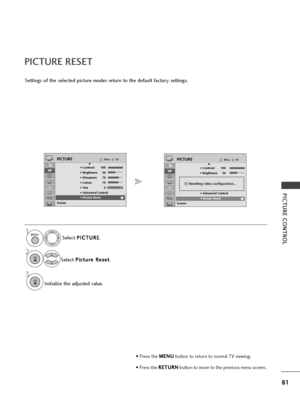 Page 8381
PICTU\fE CONT\fOL
PICTU\fE \fESET
S\fttings of th\f s\fl\fct\fd pictur\f mod\fs r\fturn to th\f d\ffault factory s\fttings.S\fl\fct P
P
I
IC
C T
TU
U R
RE
E
.
S\fl\fct  P
P
i
ic
c t
tu
u r
r\f
\f  
 R
R \f
\fs
s\f
\f t
t
.
Initializ\f th\f adjust\fd valu\f.
1MENU
3 2
OK 
OK 
OKMove
• Contrast 100
• Brightness 50
• Sharpness 70
• Colour 70
• Tint 0
• Advanced Control
• Picture Reset
Screen
PICTUREE
• Picture Reset
OKMove
• Contrast 100
• Brightness 50
• Sharpness 70
• Colour 70
• Tint 0
• Advanced...