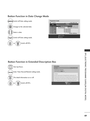 Page 7169
EPG (ELECTRONIC PROGRAMME GUIDE)(IN DIGITAL MODE)
Button Function in Date Change Mode
Switch off Date setting mode.GREEN
GREEN
Change to the selected date.
Select a date.Switch off Date setting mode.
Switch off EPG.
or
GUIDE
OK 
Programme Guide
ALL6/Mar(Mon)14:0015:001  YLE TV1Kungskonsumente2  YLE TV2No InformationNo InformationTV2: Farmen4  TV..No InformationNo InformationNo Information............Tänään otsikoissa
5  YLE FST6  CNN8  YLE24
Date. ChangeE
Date Exit
No Information
1   YLE TV16/ Mar...