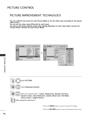 Page 7876
PICTURE CONTROL
PICTURE CONTROL
PICTURE IMPROVEMENT TECHNOLOGY
Y
Yo
ou
u 
 c
c a
a n
n  
 c
c a
a l
li
ib
b r
ra
a t
te
e  
 t
t h
h e
e 
 s
s c
c r
re
e e
en
n  
 f
fo
o r
r 
 e
e a
ac
ch
h  
 P
P i
ic
c t
tu
u r
re
e  
 M
M o
od
de
e 
 o
o r
r 
 s
s e
e t
t 
 t
t h
h e
e 
 v
v i
id
d e
eo
o  
 v
v a
a l
lu
u e
e 
 a
a c
cc
co
o r
rd
d i
in
n g
g 
 t
t o
o  
 t
t h
h e
e 
 s
s p
p e
ec
ci
ia
a l
l
v
v i
id
d e
eo
o  
 s
s c
c r
re
e e
en
n .
.
Y
Y o
ou
u 
 c
c a
a n
n  
 s
s e
e t
t 
 t
t h
h e
e...