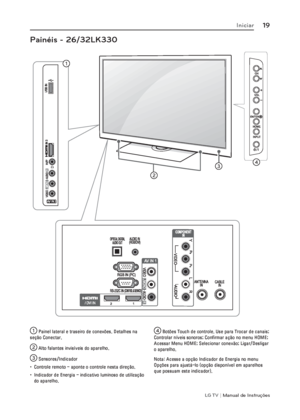 Page 19LG T V | Manual de Instruções
19Iniciar
Painéis - 26/32LK330
1
VH«§R&RQHFWDU
2$OWRIDODQWHVLQYLV±YHLVGRDSDUHOKR
36HQVRUHV,QGLFDGRU
 &RQWUROHUHPRWRDSRQWHRFRQWUROHQHVWDGLUH