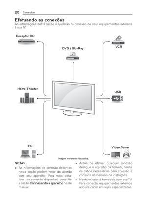 Page 2020Conectar
Efetuando as conexões
As informações desta seção o ajudarão na conexão de seus equipamentos externos 
à sua TV.
NOTAS:
 ýAs informações de conexão descritas 
nesta seção podem variar de acordo 
com seu aparelho. Para mais deta-
lhes  da conexão disponível, consulte 
a seção Conhecendo o aparelho neste 
manual. ýAntes de efetuar qualquer conexão 
desligue o aparelho da tomada, tenha 
os cabos necessários para conexão e 
consulte os manuais de instruções.
 ýNenhum cabo é fornecido com sua...