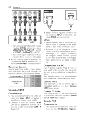 Page 2222Conectar
 .Para conectar corretamente, nas co-
nexões (OUT/IN) combine as cores 
VERDE/AZUL/VERMELHO - VIDEO 
e VERMELHO/BRANCO -  AUDIO.
 .Se houver algum problema veriﬁ que 
novamente as conexões efetuadas.
3. Após a conexão ligue os aparelhos. Na 
TV pressione INPUT e selecione a co-
nexão COMPONENT correspondente.
Relação de Conexão
Alguns aparelhos podem trazer descri-
ções diferentes para esta conexão, co-
necte os cabos conforme tabela abaixo:
Component IN (TV)YPBPR
Component OUT...