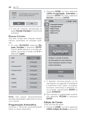 Page 3232Ver TV
 ýA lista de conexões apresentada na 
seção Nomear Entradas é meramente 
ilustrativa.
Bloquear Entradas
Use esta função para bloquear equipa-
mentos conectados às entradas exter-
nas.
1. No menu BLOQUEIO, selecione Blo-
quear Entradas e pressione ENTER. 
Usando 
 selecione a entrada de-
sejada, para ativar a função use 
 e 
selecione Ligado.
$9HVOLJDGR