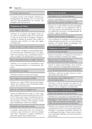 Page 5858Suporte
TV desliga repentinamente
A Função Soneca está ativada?; Veriﬁ que  as 
conﬁ gurações de energia; Se a TV ﬁ car  sem 
sinal por aproximadamente 15 minutos, ela 
desligará automaticamente.
Problemas de Vídeo
Sem imagem / Sem Som
Veriﬁ que se o produto está ligado; Tente ou-
tro canal. O problema pode ser na emissora; 
O cabo de força está na tomada?; Cheque a 
conexão e posição da antena; Teste todas as 
conexões para veriﬁ car se tudo está ligado 
corretamente.
Depois de ligar a imagem aparece...