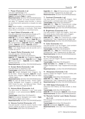 Page 67LG T V | Manual de Instruções
67Suporte
1.  Power (Comando: k a)Use para Ligar/desligar a TV
Transmissão: [k][a][ ][Set ID][ ][Dado][Cr]
Dado 0: Desligado Dado 1: Ligado
Reconhecimento: [a][ ][Set ID][ ][OK/NG][Dado][x]
Da mesma maneira, se outras funções transmi-
tem dado ‘FF’ baseado neste formato, o retorno 
de reconhecimento apresenta a situação de cada 
função.
Nota: Neste modelo, o reconhecimento acontece 
após ligar ou processar a conclusão. Pode haver 
atraso entre o comando e o reconhecimento....