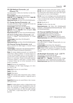 Page 69LG T V | Manual de Instruções
69Suporte
20. ISM Method (Comando: j p)               
(Plasma TV)
Use para evitar o efeito de manchas na tela (ima-
gens estáticas).
Transmissão: [j][p][ ][Set ID][ ][Dado][Cr]
Dado 02: Orbital; Dado 04: White Wash; Dado 08: 
Normal; Dado 20: Color Wash.
Reconhecimento: [p][ ][Set ID][ ][OK/NG][Data][x]
21. Energy Saving (Comando: j q)Use para controlar o ligar e desligar da função de 
controle de economia de energia.
Transmissão: [j][q][ ][Set ID][ ][Dado][Cr]
Data 00:...