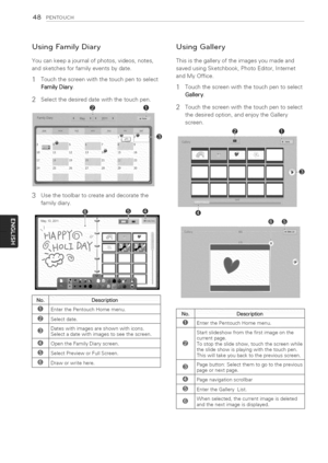 Page 48  
48PENTOUCH 
UsingFamilyDiary 
Youcankeepajournalofphotos,videos,notes, 
andsketchesforfamilyeventsbydate. 
1Touchthescreenwiththetouchpentoselect 
FamilyDiary. 
2Selectthedesireddatewiththetouchpen. UsingGallery 
Thisisthegalleryoftheimagesyoumadeand 
savedusingSketchbook,PhotoEditor,Internet 
andMyOffice. 
1Touchthescreenwiththetouchpentoselect 
Gallery. 
2Touchthescreenwiththetouchpentoselect 
thedesiredoption,andenjoytheGallery 
screen. 
3Usethetoolbartocreateanddecoratethe 
familydiary. 
L?::7:::...