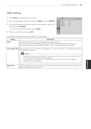 Page 69  
CUSTOMIZINGSETTINGS6c) 
TIMESettings 
1 
2 
3 
4 PressHometoaccessthemainmenus. 
PresstheNavigationbuttonstoscrolltoTIMEandpressENTER. 
PresstheNavigationbuttonstoscrolltothesettingoroptionyou 
wantandpressENTER. 
-Toreturntothepreviouslevel,pressBACK. 
Whenyouarefinished,pressEXIT. 
Theavailabletimesettingsaredescribedinthefollowing 
.......SettingDes0ripti0n 
ClockSetsthetime,date,timezone,anddaylight-savingtimefeature. 
Thetimewillbesetautomaticallyaccordingtoadigitalchannelsignalwhichincludestime...