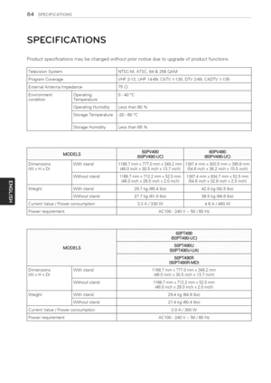 Page 84  
84SPECIFICATIONS 
SPECIFICATIONS 
Productspecificationsmaybechangedwithoutpriornoticeduetoupgradeofproductfunctions. 
TelevisionSystemNTSC-M,ATSC,64&256QAM 
ProgramCoverageVHF2-13,UHF14-69,CATV1-135,DTV2-69,CADTV1-135 
ExternalAntennaImpedance75 
EnvironmentOperating0-40°C 
conditionTemperature 
OperatingHumidityLessthan80% 
StorageTemperature-20-60°C 
StorageHumidityLessthan85% 
XXXXX 
MODELS 
(50PV490:UC)(60PV490LUC) 
DimensionsWithstand1168.7mmx777.0mmx349.2mm387.4mmx920.5mmx395.6mm...