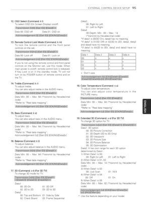 Page 95  
EXTERNALCONTROLDEVICESETUP95 
12.OSDSelect(Command:kI) 
ToselectOSD(OnScreenDisplay)on/off. 
Data00:OSDoffData01:OSDon 
KN 
13.RemoteControlLockMode(Command:km) 
Tolocktheremotecontrolandthefrontpanel 
controlsontheset. 
Data00:LockoffData01:Lockon 
:JiJ:iiK/ 
Ifyourenotusingtheremotecontrolandfrontpanet 
controlsontheMonitorset,usethismode.When 
mainpowerison/off,remotecontrollockisreleased. 
IfKeyLockisoninthestandbymode,TVwiltnot 
turnonbyPOWERbuttonofremotecontrolandon 
theTV....
