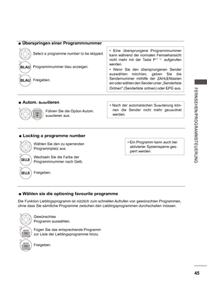 Page 10945
FE RNS E HE N/ P ROGRA MMS TE UE RU NG
 
 Autom. sodertieren  Nach  der  automatischen  Sodertierung  kön-
nen  die  Sender  nicht  mehr  ge
oderdnet 
werden.1Führen Sie die Option Autom.  s
odertieren aus.
 
 Überspringen einer Programmnummer
  Eine  übersprungene  Programmnummer  
kann  während  der  normalen  Fernsehansicht 
nicht  mehr  mit  der  Taste  P
  aufgerufen 
werden. 
  Wenn  Sie  den  übersprungenen  Sender  
auswählen  möchten,  geben  Sie  die  
Sendernummer  mithilfe  der...