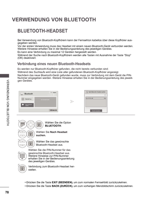 Page 14278
VERWENDUNG VON BLUETOOTH
V E RWE ND UN G  V O N  B LUE TOOTH
Es werden nur Bluetooth-Kopfhörer gefunden, die nicht bereits verbunden sind. 
Während des Suchlaufs wird eine Liste aller gefundenen Bluetooth-Kopfhörer angezeigt. 
Nachdem das neue Bluetooth-Gerät gefunden wurde, muss zur Verbindung mit dem Gerät die PIN- 
Nummer eingegeben werden. Weitere Hinweise erhalten Sie in der Bedienungsanleitung des jeweili- 
gen Gerätes.
Bei Verwendung von Bluetooth-Kopfhörern kann der Fernsehton kabellos über...