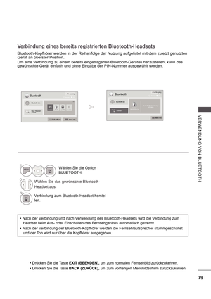 Page 14379
V E RWE ND UN G  V O N  B LUE TOOTH
Bluetooth-Kopfhörer werden in der Reihenfolge der Nutzung aufgelistet mit dem zuletzt genutzten  
Gerät an oberster Position. 
Um eine Verbindung zu einem bereits eingetragenen Bluetooth-Gerätes herzustellen, kann das  
gewünschte Gerät einfach und ohne Eingabe der PIN-Nummer ausgewählt werden.
Verbindung eines bereits registrierten Bluetooth-Headsets
 Nach der Verbindung und nach Verwendung des Bluetooth-Headsets wird die Verbindung zum 
Headset beim Aus- oder...