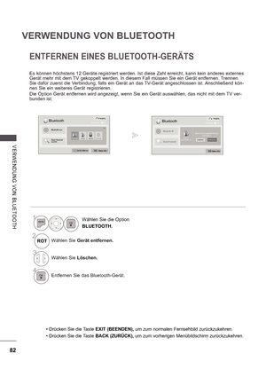 Page 14682
VERWENDUNG VON BLUETOOTH
V E RWE ND UN G  V O N  B LUE TOOTH
2Wählen Sie Gerät entfernen.
3Wählen Sie Löschen.
4Entfernen Sie das Bluetooth-Gerät.
ROT
1Wählen Sie die Option 
BLUETOOTH.
BluetoothOK
PLT 510
00:19:7f:ff:4a:1a
Möchten Sie das ausgewählte Bluetooth-
Gerät löschen?Bluetooth off
AbbrechenLöschenSearch headset
Gerät entfernen
BluetoothOK
PLT 510sgh-e760Kein Gerät
1/1 Ausgang
Bewegen
Meine Infos
Meine Infos
Ausgang
Bluetooth aus
Bewegen
Nach Headset  
suchen.DR-BT140Q
ENTFERNEN EINES...